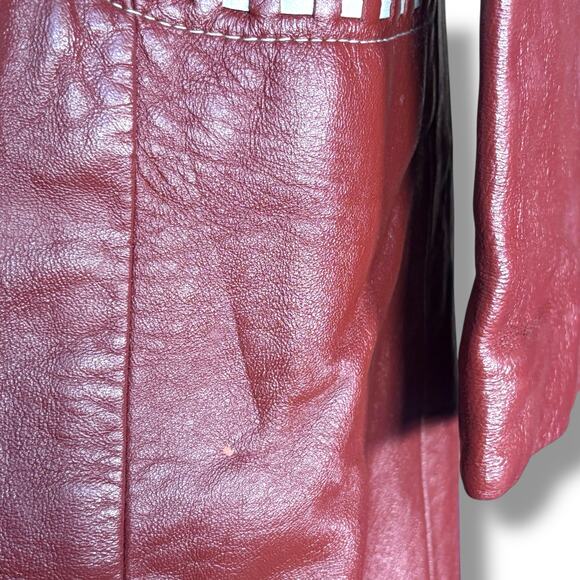 Vintage 70s Burgundy Leather Longline Trench Coat White Whipstitch Western Ranch - Picture 5 of 16